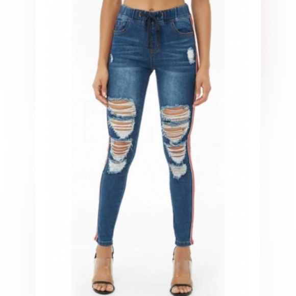 Casual Ripped Denim Joggers with Side Stripes - Picture 2 of 9